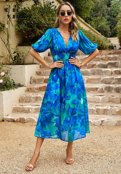 Monica | Blomstret midikjole med pufærmer