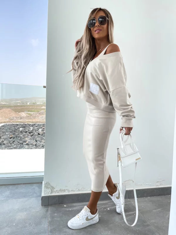 Dupont | Stilfuldt Off-Shoulder Crop Top og Midi Nederdel Sæt