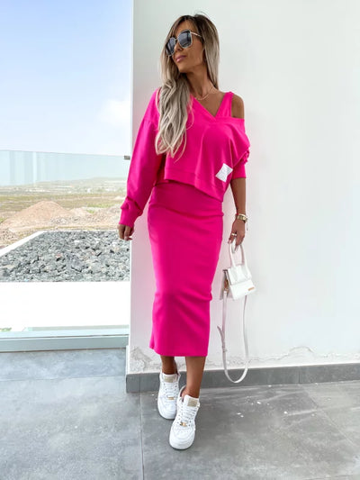 Dupont | Stilfuldt Off-Shoulder Crop Top og Midi Nederdel Sæt