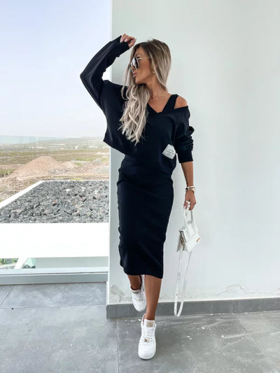 Dupont | Stilfuldt Off-Shoulder Crop Top og Midi Nederdel Sæt