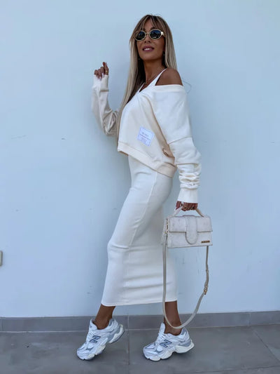 Dupont | Stilfuldt Off-Shoulder Crop Top og Midi Nederdel Sæt