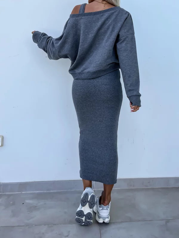 Dupont | Stilfuldt Off-Shoulder Crop Top og Midi Nederdel Sæt