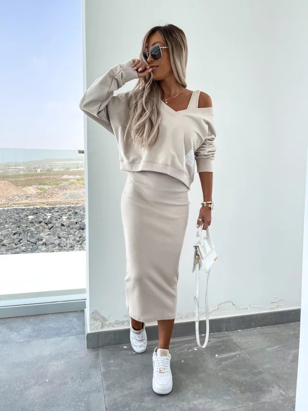 Dupont | Stilfuldt Off-Shoulder Crop Top og Midi Nederdel Sæt