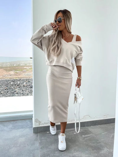 Dupont | Stilfuldt Off-Shoulder Crop Top og Midi Nederdel Sæt