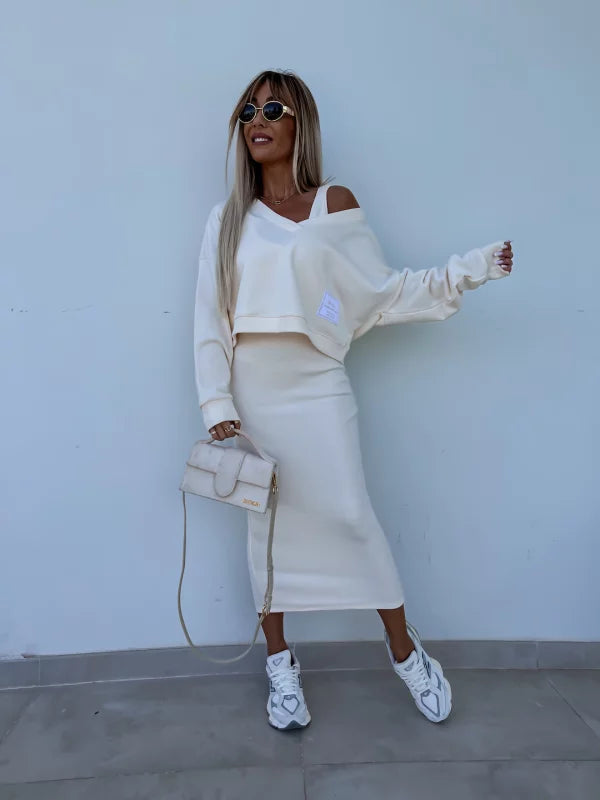 Dupont | Stilfuldt Off-Shoulder Crop Top og Midi Nederdel Sæt