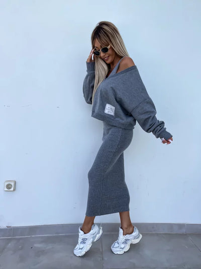 Dupont | Stilfuldt Off-Shoulder Crop Top og Midi Nederdel Sæt