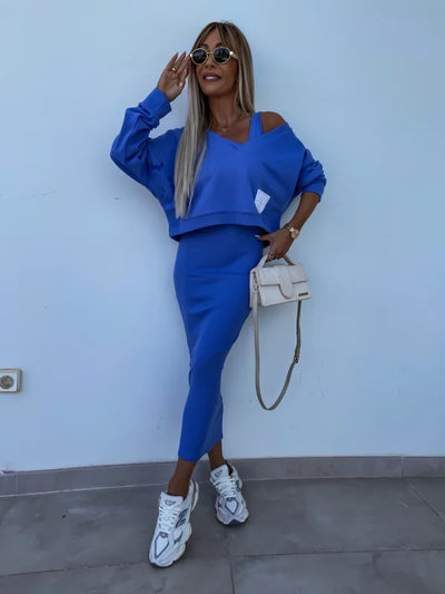 Dupont | Stilfuldt Off-Shoulder Crop Top og Midi Nederdel Sæt